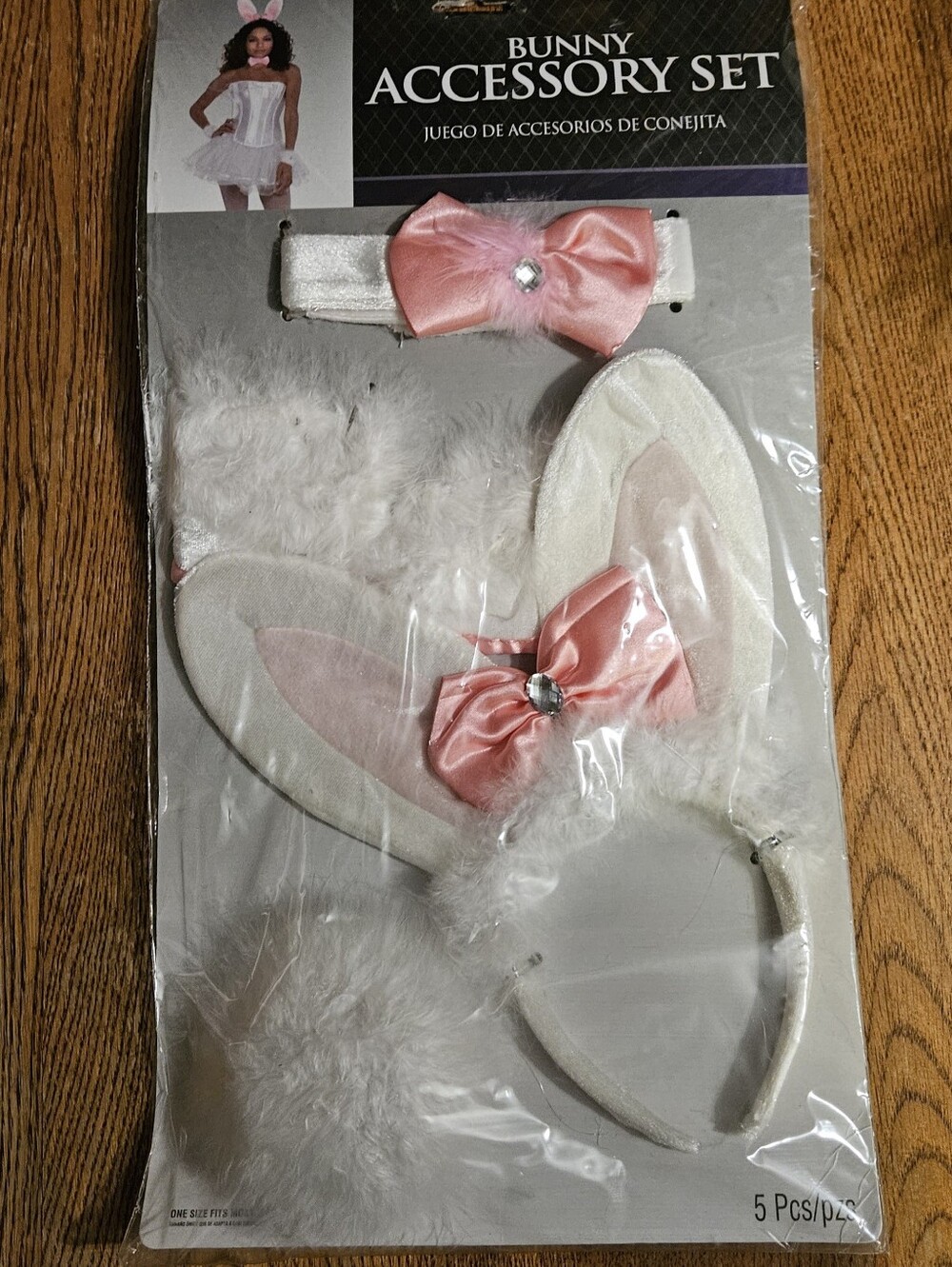 Women Bunny Accessory Set White Pink Faux Fur Ears Headband Tail Choker 5 Pcs NI